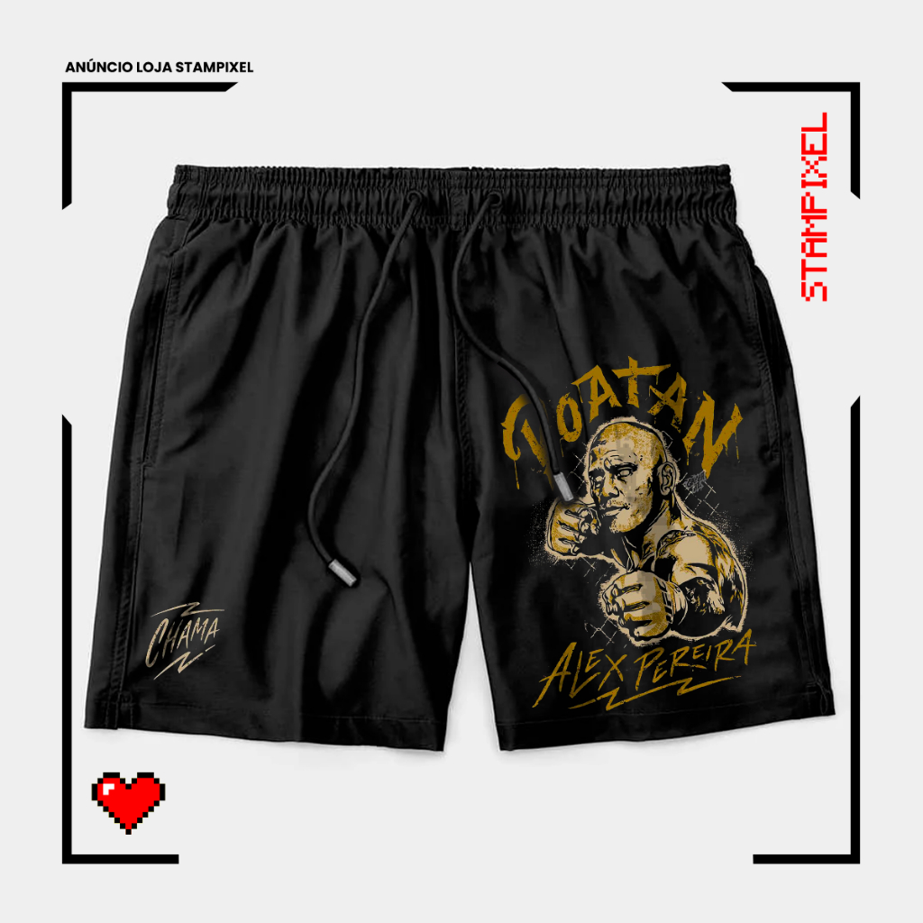 Bermuda Tactel Poatan Alex Pereira Chama Lutador Short Confortável Com Elastano Ideal Lazer Treino Esportes Praia
