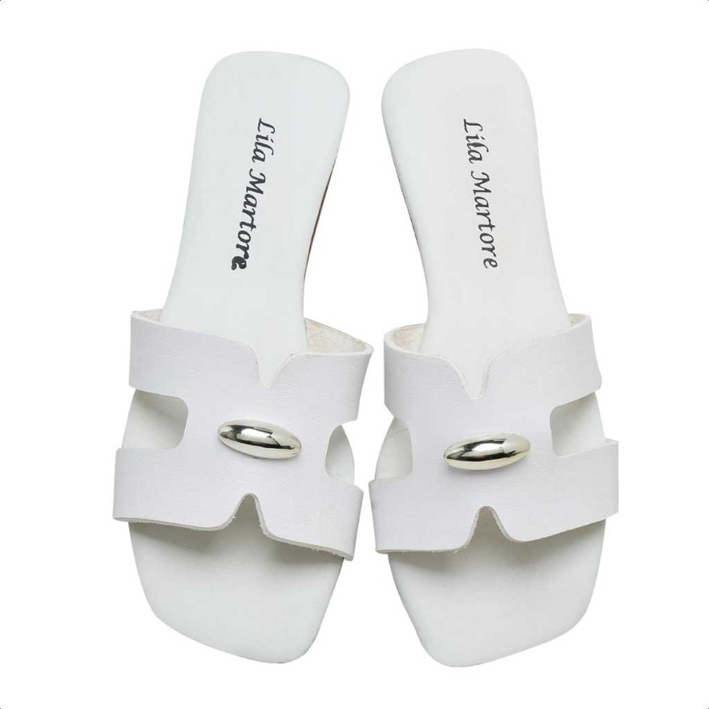 Rasteirinha H Branca Com Detalhes ABS Metalizado Confortavel e Elegante Para Compor Seu Look No Dia A Dia
