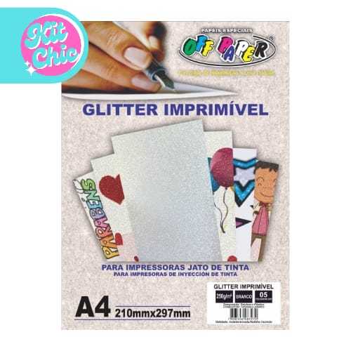 Papel A4 Glitter Imprimível Branco 10 Folhas 250 g/m² OffPaper em Oferta na Shopee
