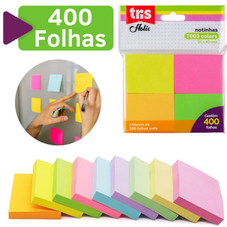 Kit Bloco Adesivo 50x40 Colorido 400 Folhas Adesivo Anotaçoes Fofo Pequeno Grande Caderno Livro