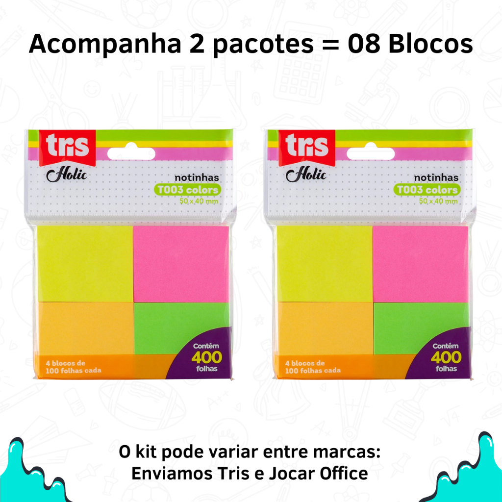 Kit 2 Bloco Adesivo 50x40 Colorido 800 Folhas Notas Anotaçoes Fofo Pequeno Grande Caderno Livro