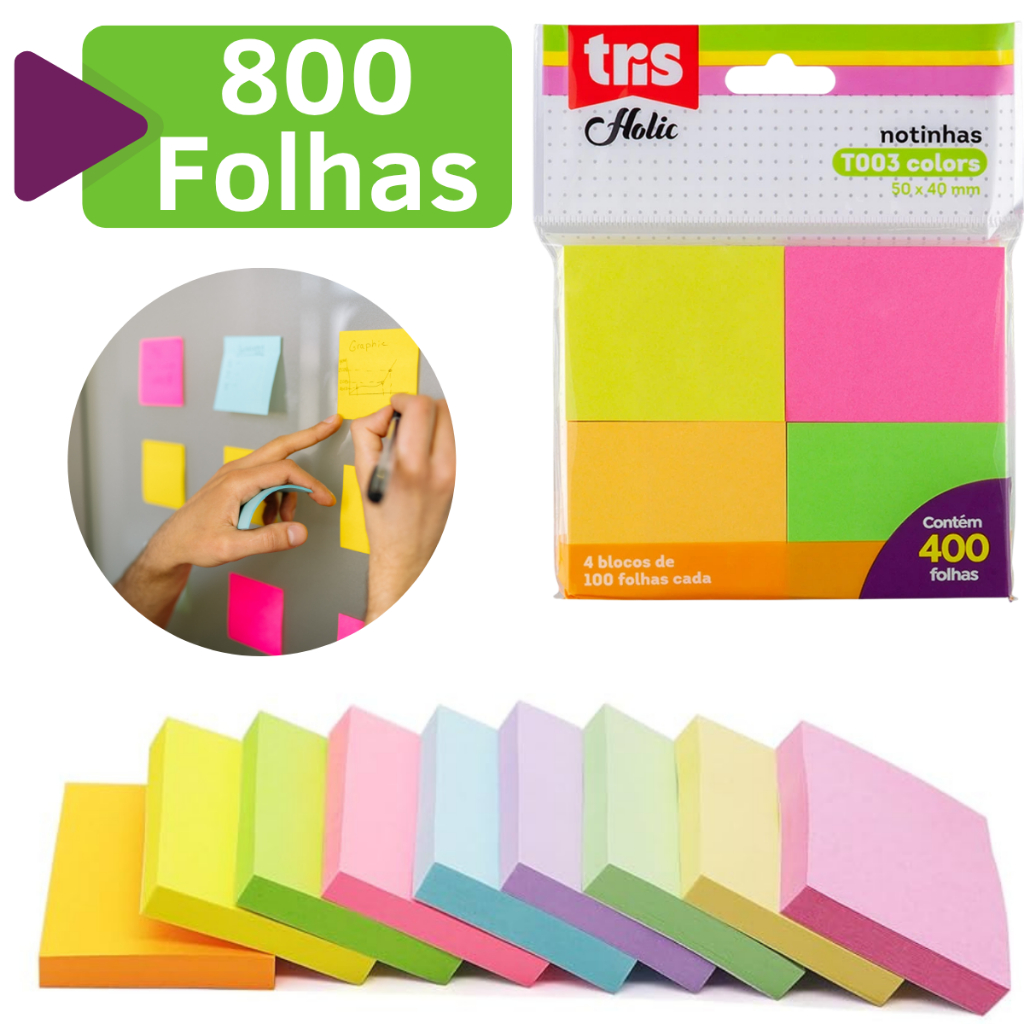 Kit 2 Bloco Adesivo 50x40 Colorido 800 Folhas Notas Anotaçoes Fofo Pequeno Grande Caderno Livro em Oferta na Shopee