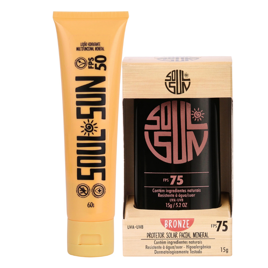 Kit Protetor Solar Stick Soul Sun 75Fps Facial e 50Fps Multifuncional Corpo e Rosto Não Escorre 60g