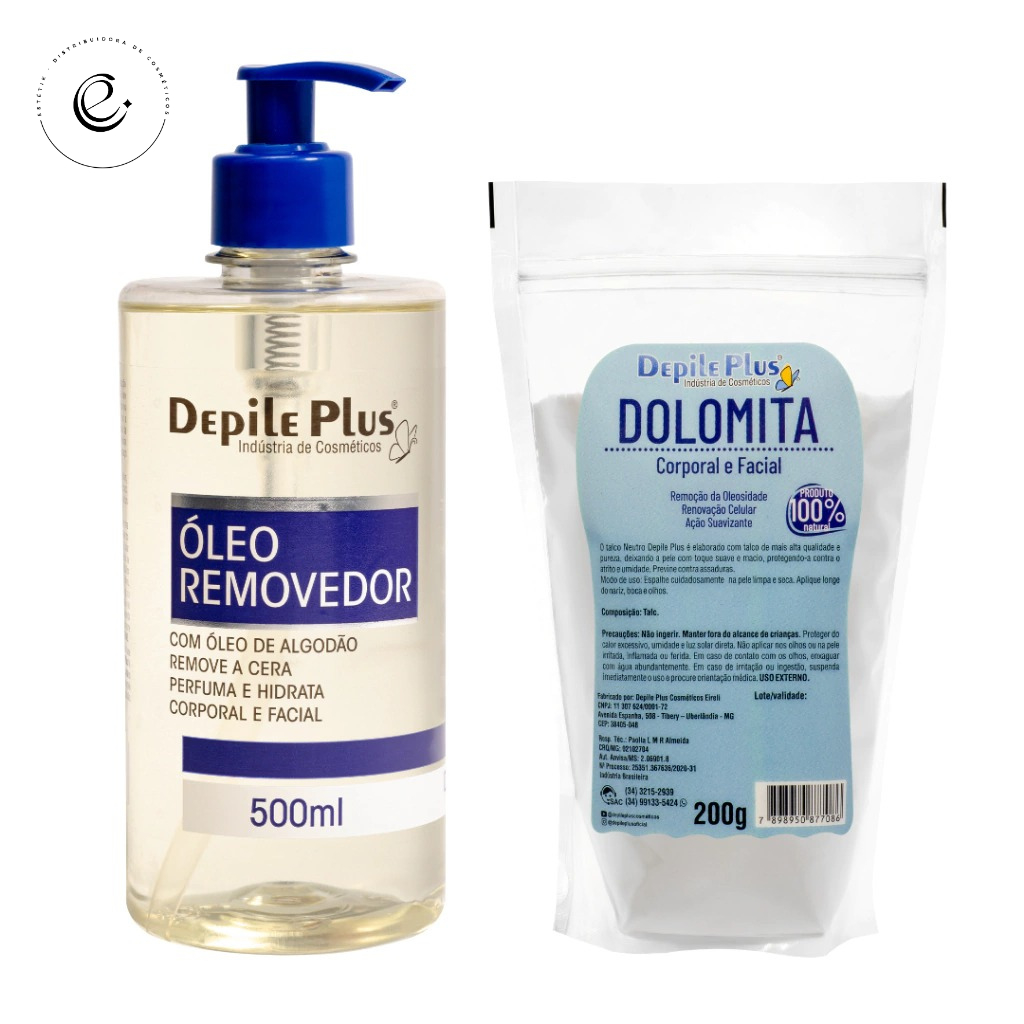 Kit Óleo Hidratante Removedor de Cera de Algodão 500ml + Talco Dolomita 200g Depile Plus