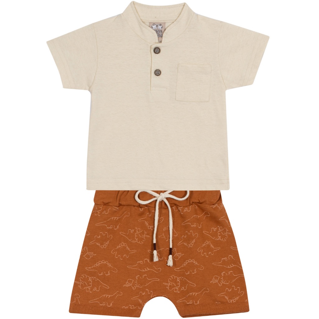 Conjunto Bebê Randa Mundu com Camiseta em Meia Malha Holiday e Bermuda Moletom estampado dinossauros
