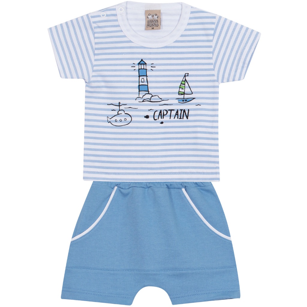 Conjunto Bebê Randa Mundu com Camiseta Listrada em Meia Malha e Bermuda em Moletom Captain