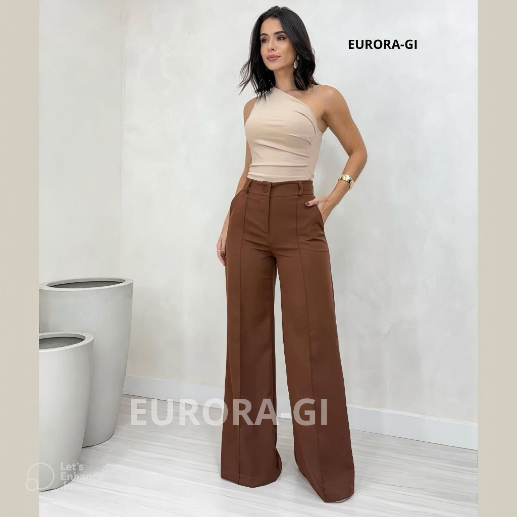 Calça Pantalona Feminina Com Botão e Elástico Na Cintura Tecido Duna Premium — imagem 2 de 2