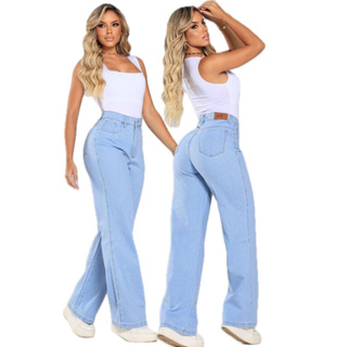 Calça Jeans Feminina Wide Leg  Cintura Alta Pantolona Sem Elastano em Oferta na Shopee
