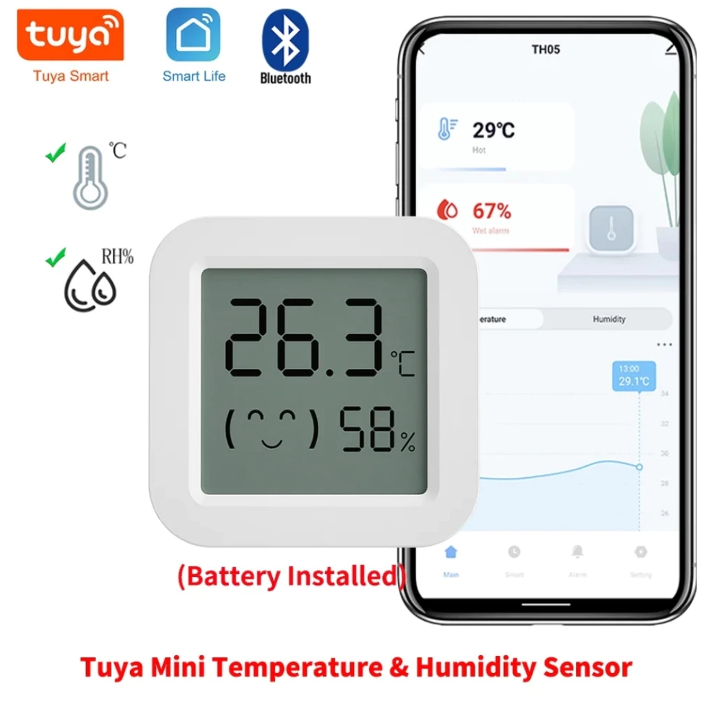 Sensor de Temperatura e Umidade Bluetooth Mini Tela Lcd Controle Remoto por App Smart Tuya Controle de Voz Google