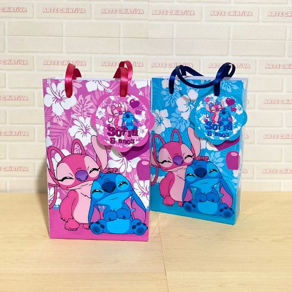 Lembrancinha Personalizada Sacolinha Pequena com Tag Stitch e Angel PEGUE E MONTE