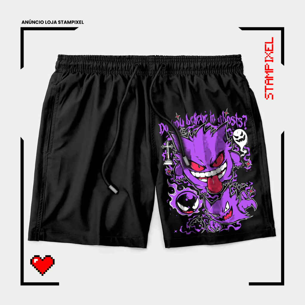 Bermuda Tactel Haunter Gengar Gastly Pokemon Short De Anime Confortável Com Elastano Ideal Lazer Treino Esportes Praia