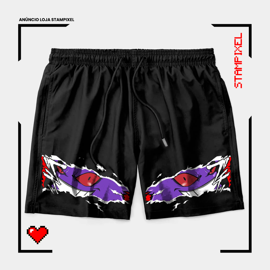 Bermuda Tactel Haunter Pokemon Olhar Short De Anime Confortável Com Elastano Ideal Lazer Treino Esportes Praia