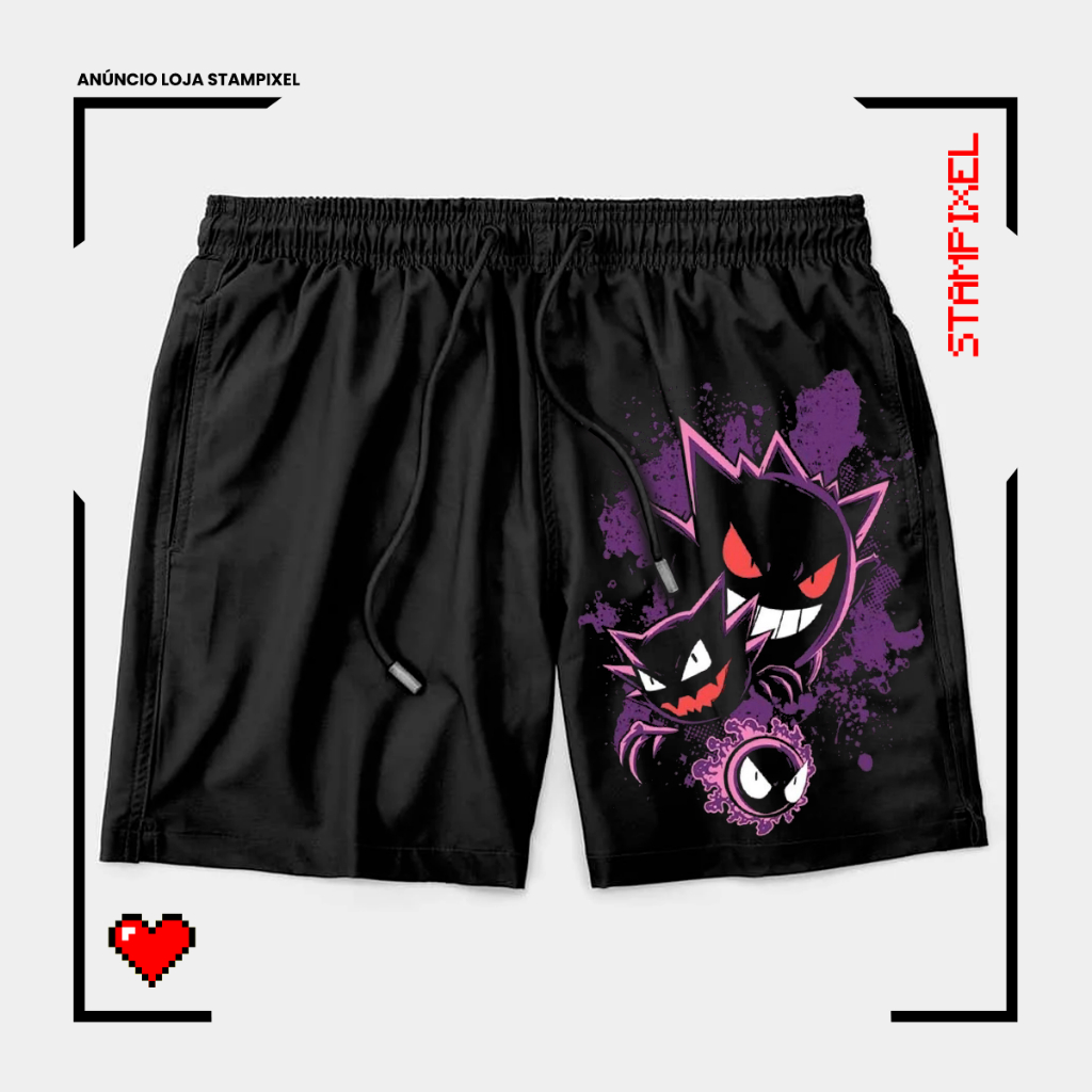 Bermuda Tactel Haunter Gengar Gastly Pokemon Short Anime Geek Confortável Com Elastano Ideal Lazer Treino Esportes Praia