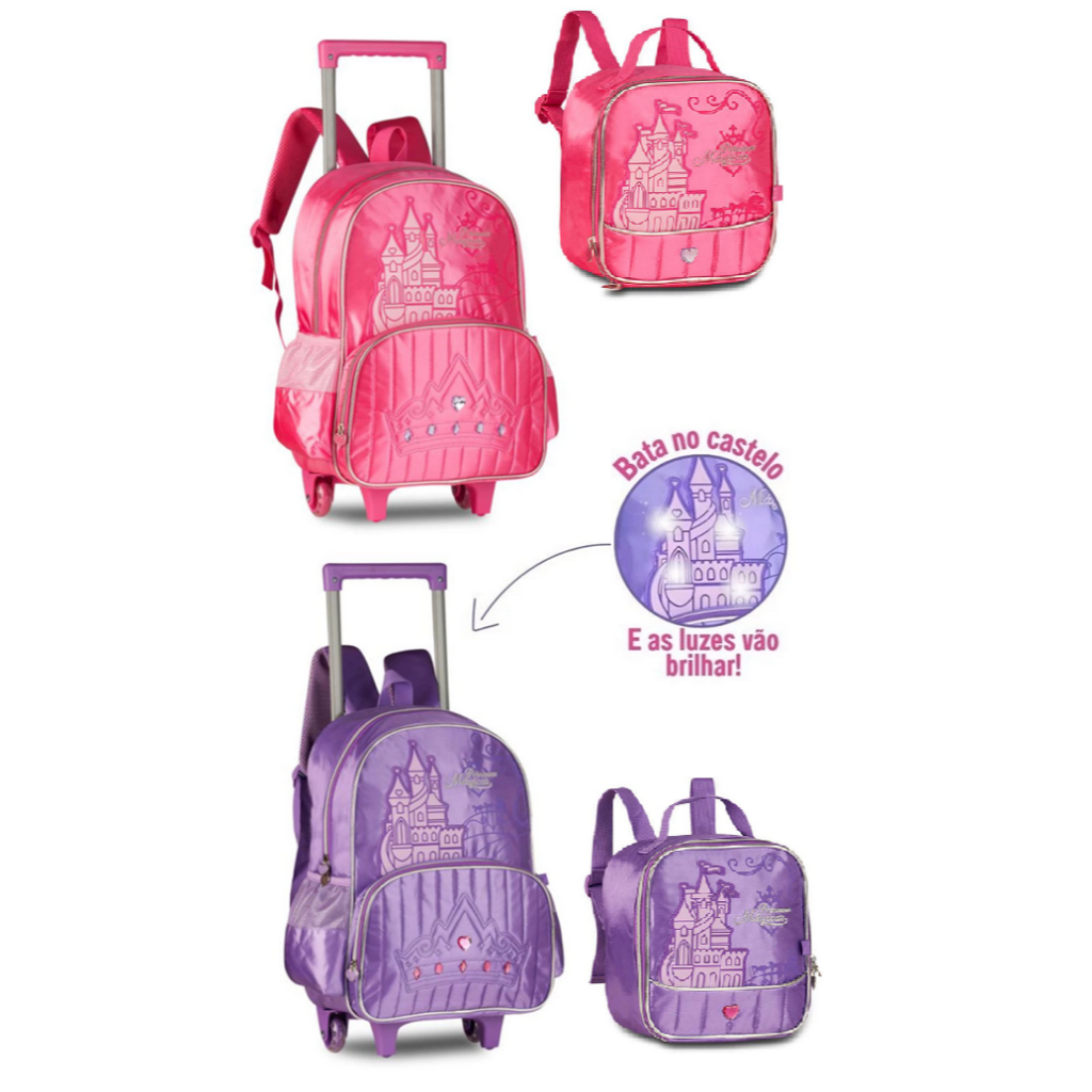 Mochila interativa pisca pisca rodinhas alças escolar infantil lancheira Castelo Princesas Magicas em Oferta na Shopee