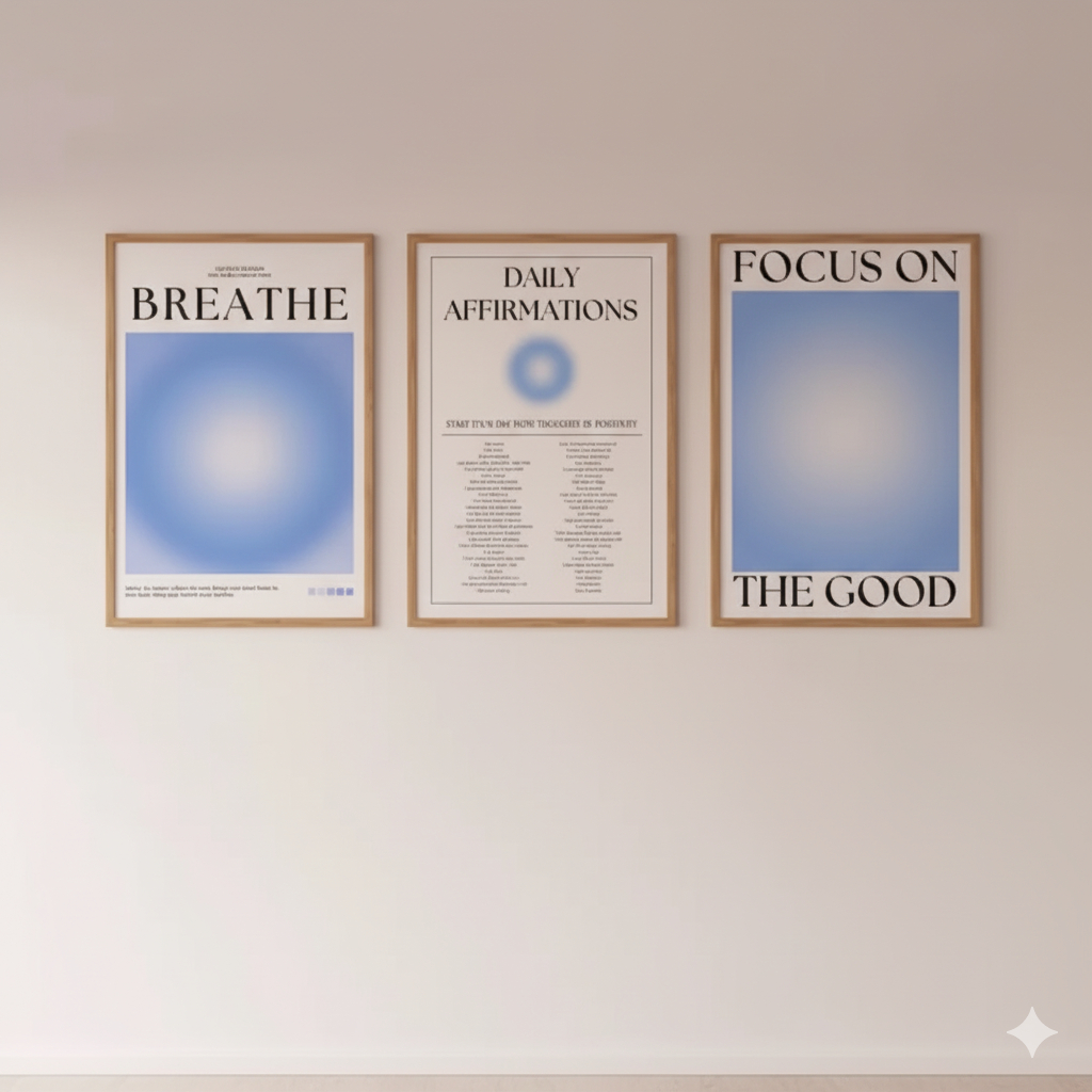 Imagem Quadros decorativos Azul positivo aura espiritual granulado gradiente (3 peças)