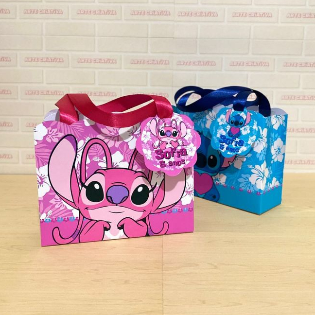 Lembrancinha Personalizada Sacolinha Ondas Pequena com Tag Stitch e Angel PEGUE E MONTE em Oferta na Shopee
