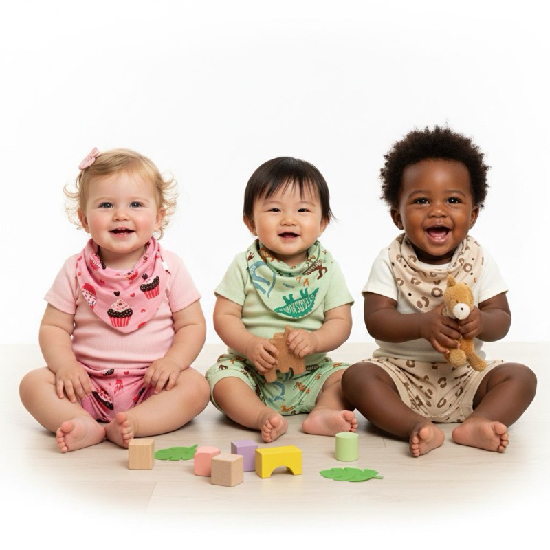 Kit 3 peças Conjunto Bebê Verão Short, Body E Babador Bandana Recém Nascido Estampas Variadas