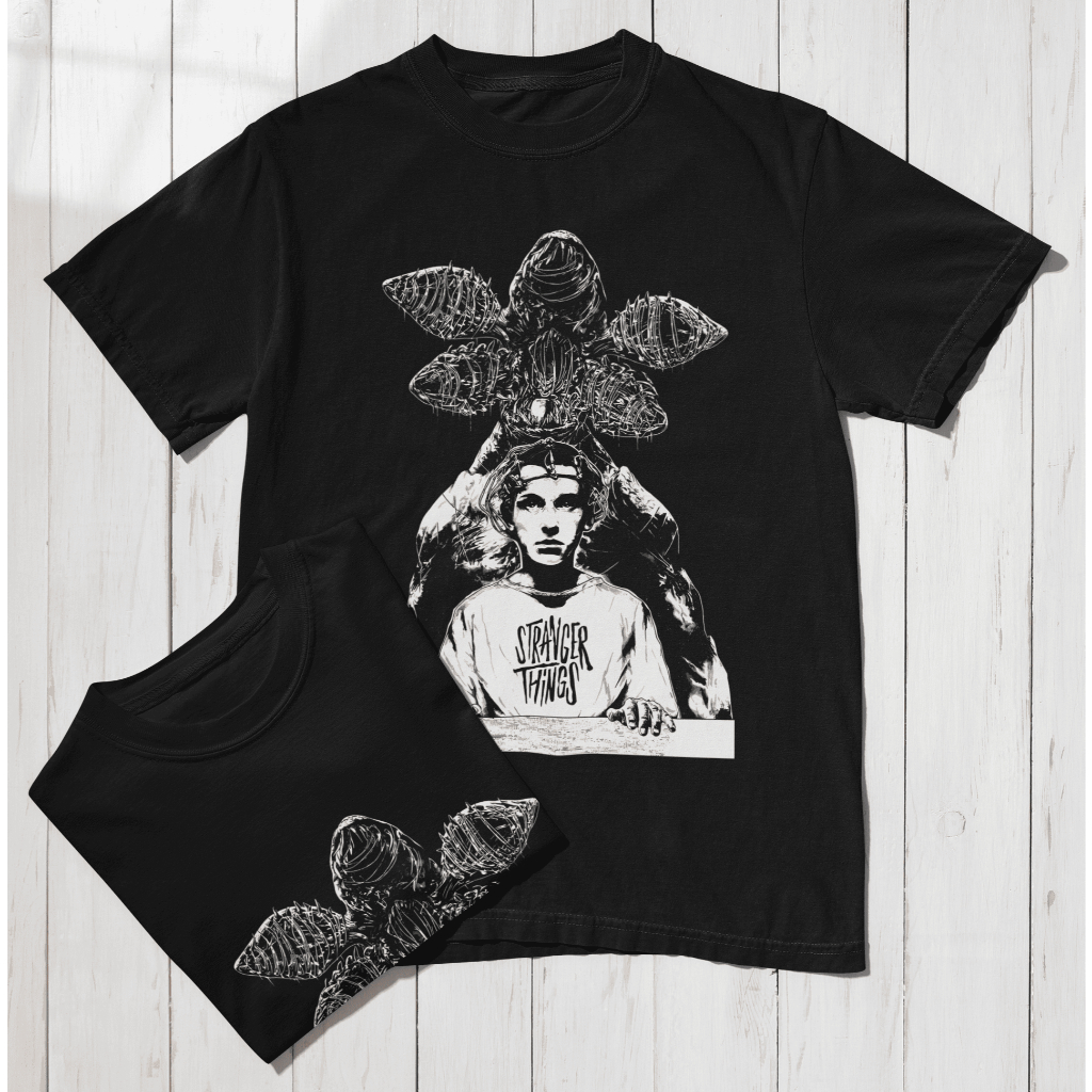 Camisa Stranger Things Seriado Série Terror Monstros Camiseta Estampada Masculino Feminino Conforto Preta Aventura