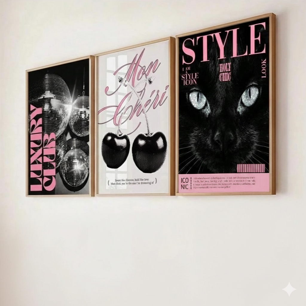 Quadros decorativos Luxury Club Cereja Gato Preto Style (3 peças) em Oferta na Shopee