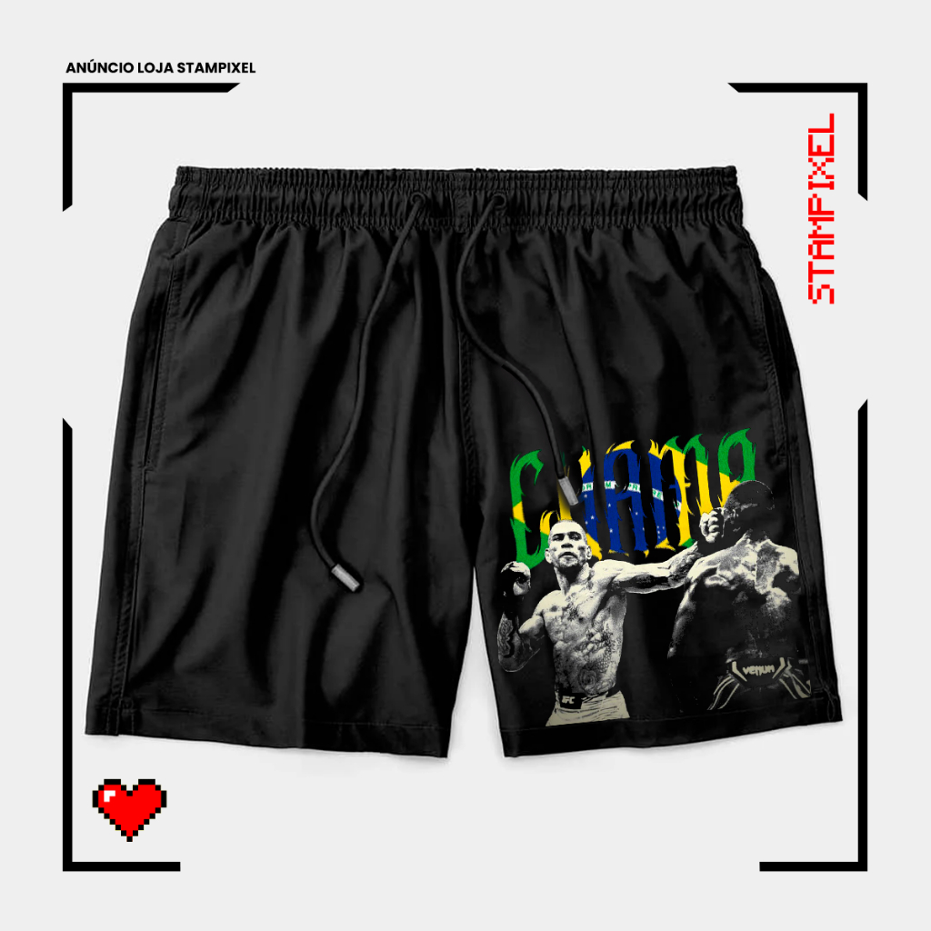Bermuda Tactel Alex Pereira Poatan Chama Brasil Lutador Short Confortável Com Elastano Ideal Lazer Treino Esportes Praia