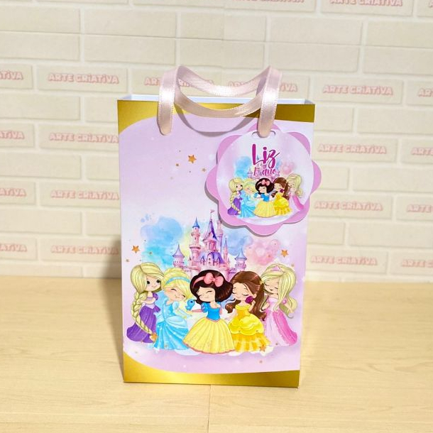 Lembrancinha Personalizada Sacolinha Pequena com Tag Princesas Cute PEGUE E MONTE