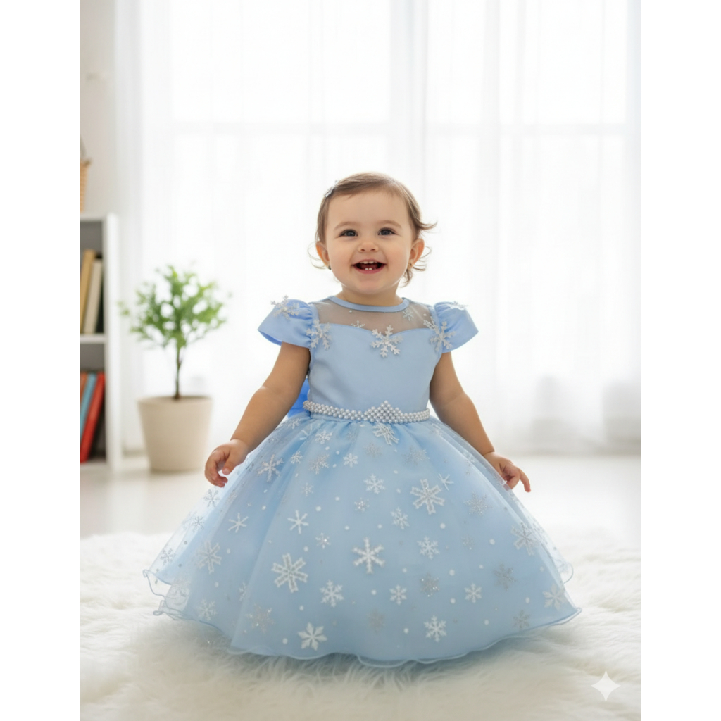 Vestido Infantil Menina Azul Flocos Neve Manga Godê De Festa Casual Tema Frozen Para Festa de Aniversario Luxo