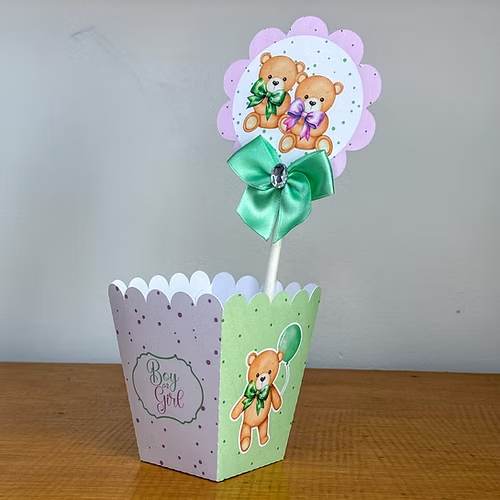 Cachepô Chá Revelação Ursinhos Verde com Lilas - Pegue e Monte | Lembrancinha Personalizada DIY