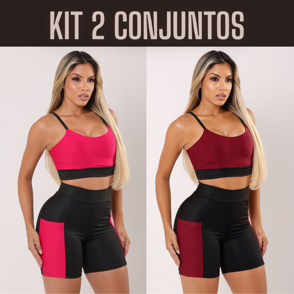 Kit 2 Conjunto Fitness Top e Short Com Bolso Lateral Feminino Academia