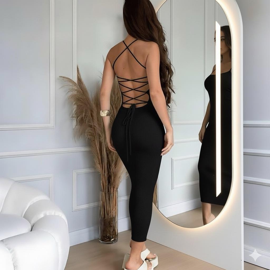 Vestido Midi Trançado nas Costas Tricot Modal Canelado tricô Tendência Verão 2026 Festa Praia