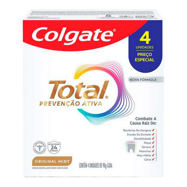 Kit Creme Dental Original Mint Colgate Total Prevenção Ativa 90g - 4 Unidades