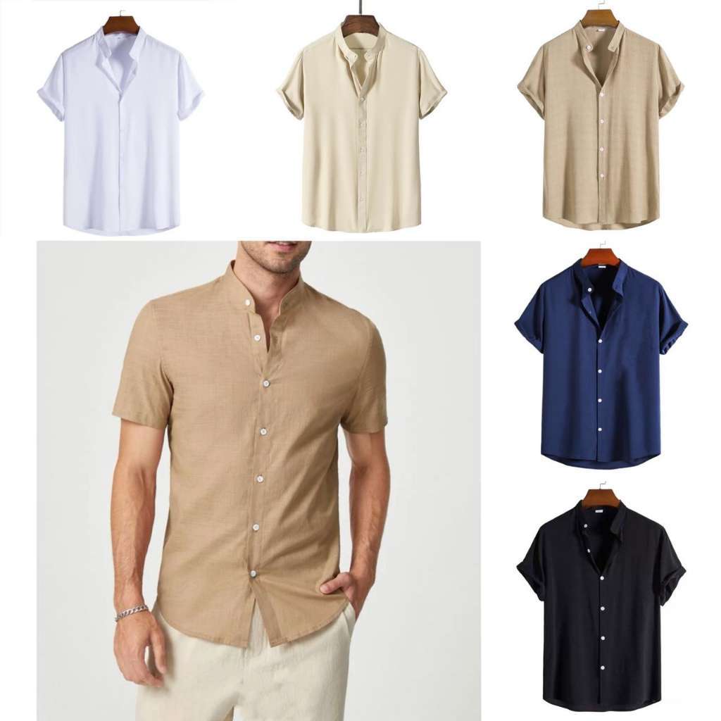 Camisa masculina gola pastor social casual Viscolinho algodão manga curta moda luxo em Oferta na Shopee
