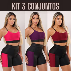 Kit 3 Conjunto Fitness Feminino Top e Short Com Bolso Lateral Para Academia