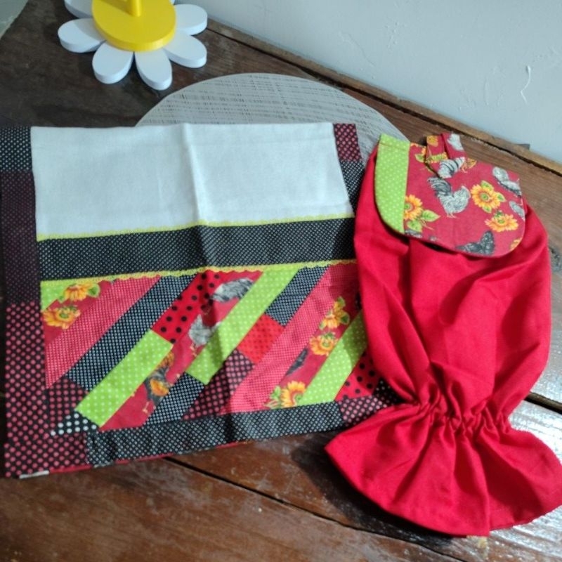 Kit com 3 peças pano de prato bate mão e puxa saco belíssimos para sua cozinha