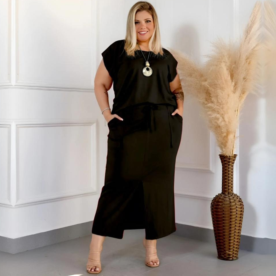 Conjunto Feminino Saia Longa + Blusa Manga Curta Plus Size Tecido Viscolycra Premium Corte Fenda