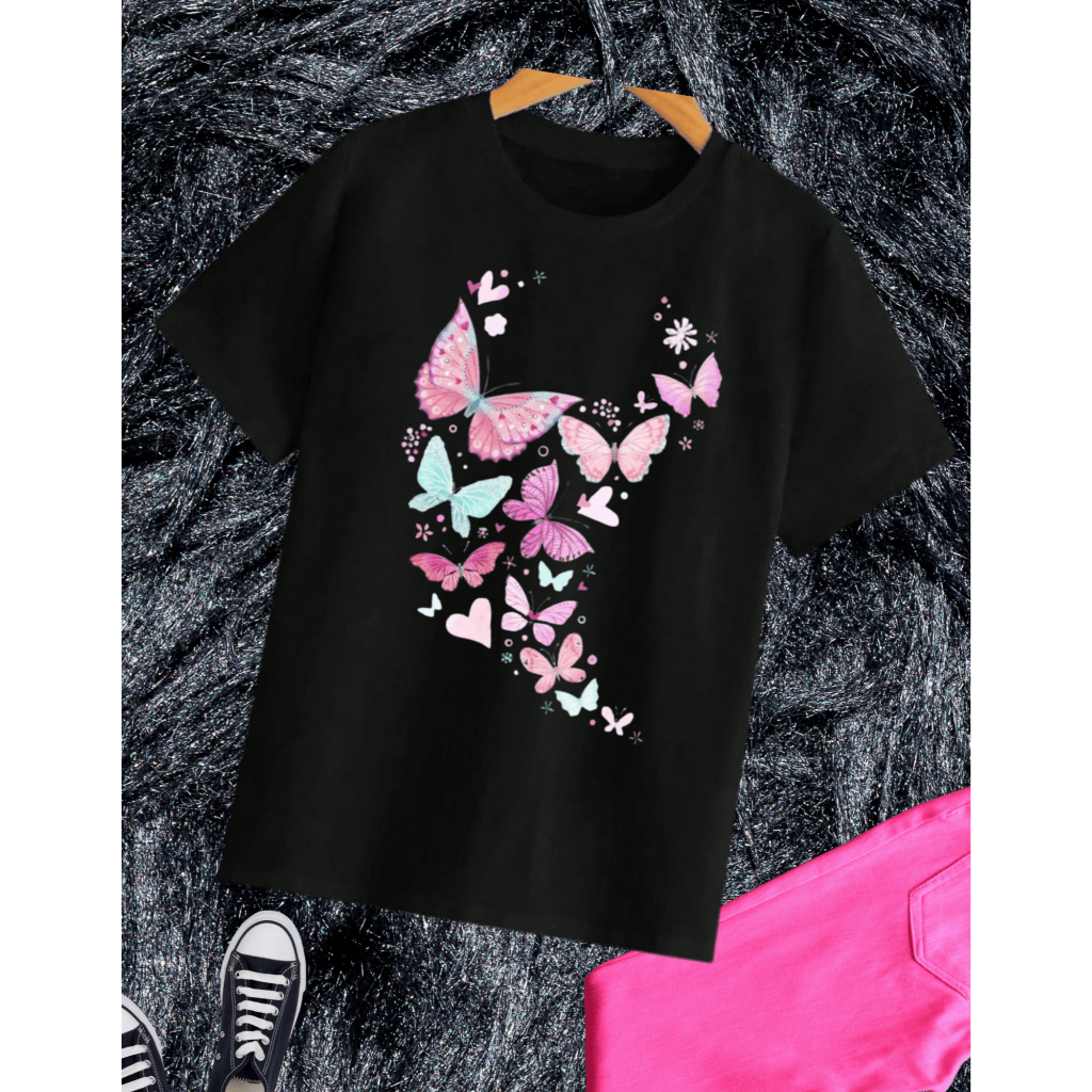 Blusinha infantil e juvenil menina, Borboletas Claras,100% algodão,Camiseta feminina,moda infantil Preta em Oferta na Shopee