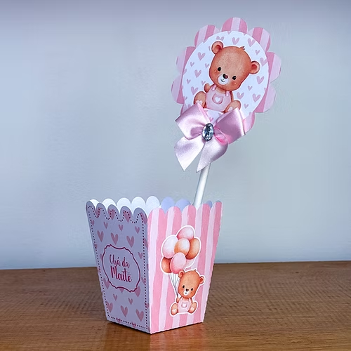 Centro de Mesa Cachepô Chá de BeBê Ursinho Rosa - PEGUE E MONTE Personalizados Lembrancinhas