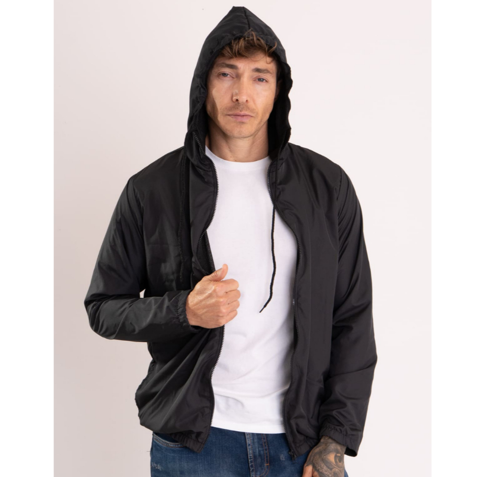 Jaqueta Corta Vento Masculina Liso com Capuz Forrado Zíper Tratorado e Bolsos Laterais