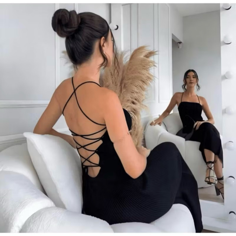 Vestido Midi Trançado nas Costas Tricot Modal Canelado tricô Tendência Verão 2026 Festa Praia Cod:707