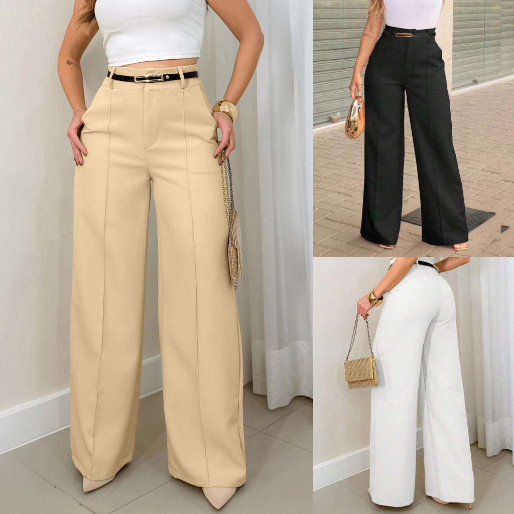 Calça Pantalona Alfaiataria Feminina Social Cinto Bolso Wide Leg Cintura Alta Premium Moda Elegante em Oferta na Shopee