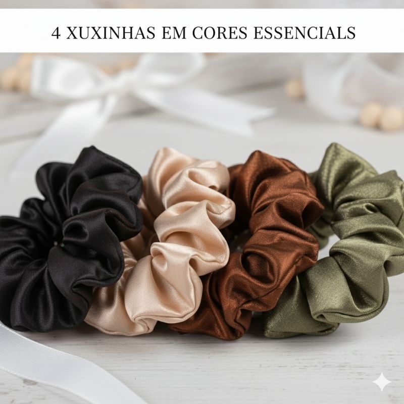 Xuxinhas cetim, scrunchie de cabelo, marrom, preta, rosa, verde, xuxa anti-frizz, gominha, amarrador em Oferta na Shopee