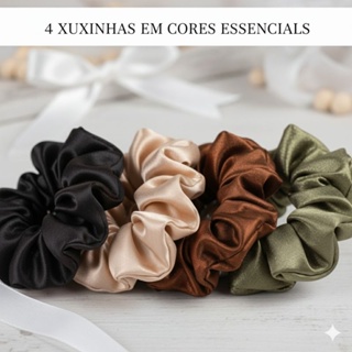 Xuxinhas cetim, scrunchie de cabelo, marrom, preta, rosa, verde, xuxa anti-frizz, gominha, amarrador em Oferta na Shopee