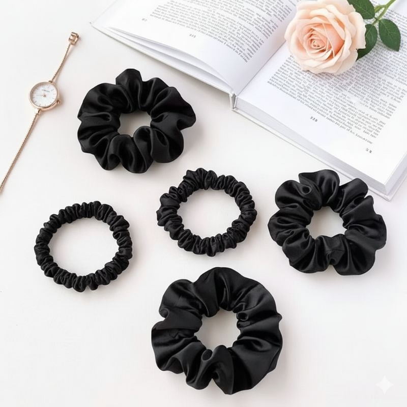 Kit xuxinha de cetim preta, scrunchie de cabelo, xuxa, gominha, acessórios, antifrizz, elástico, fitas