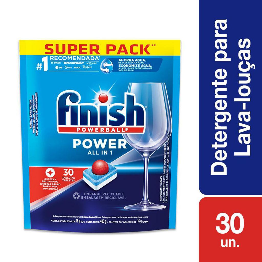 Detergente para Lava Louças em tabletes Finish com 30 unidades 480g Powerball All in 1