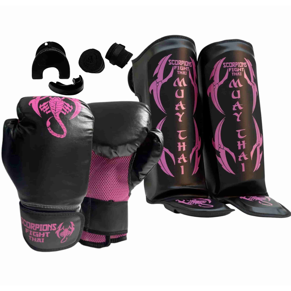 Kit Completo Muay Thai Luva + Caneleira + Bandagem + Bucal + Sacola Brinde em Oferta na Shopee