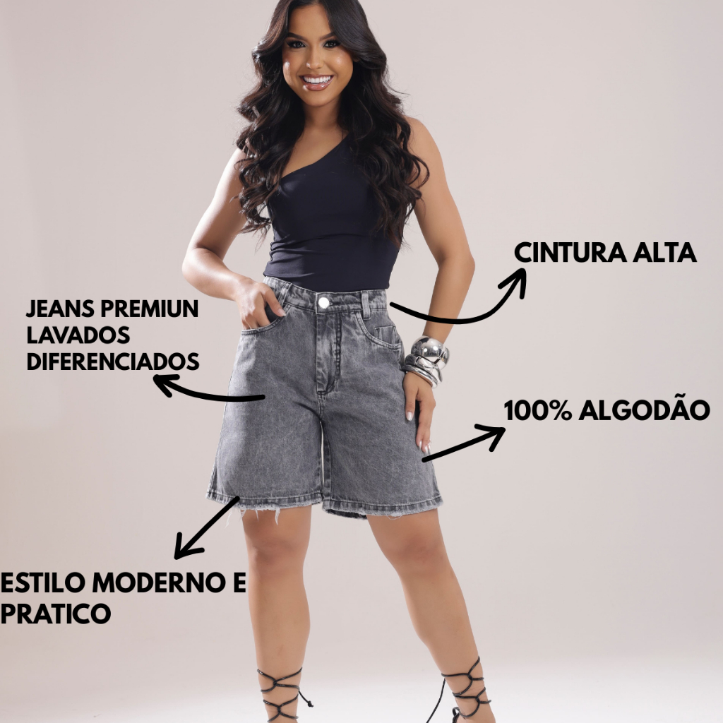 Bermuda Feminina Jorts Jeans 100% Algodão - Meia Coxa - Cintura Alta - Tecido Premium