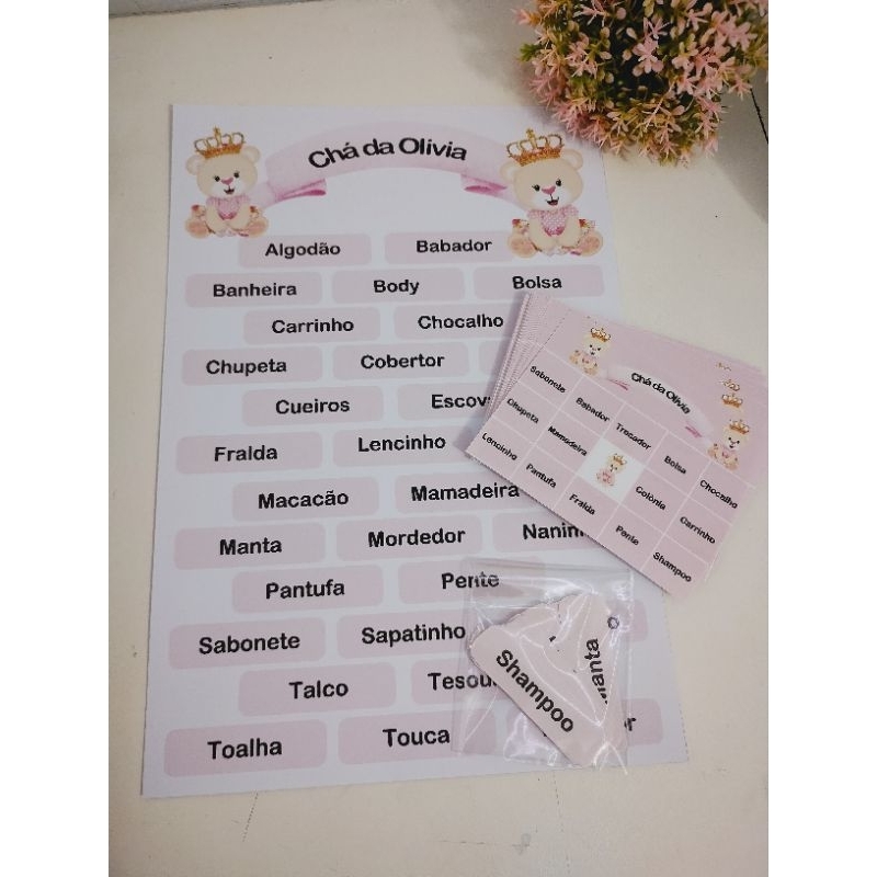 Bingo Personalizado Ursinha Princesa Rosa para Chá de Bebê Chá Revelação I Lembrancinha Brincadeira