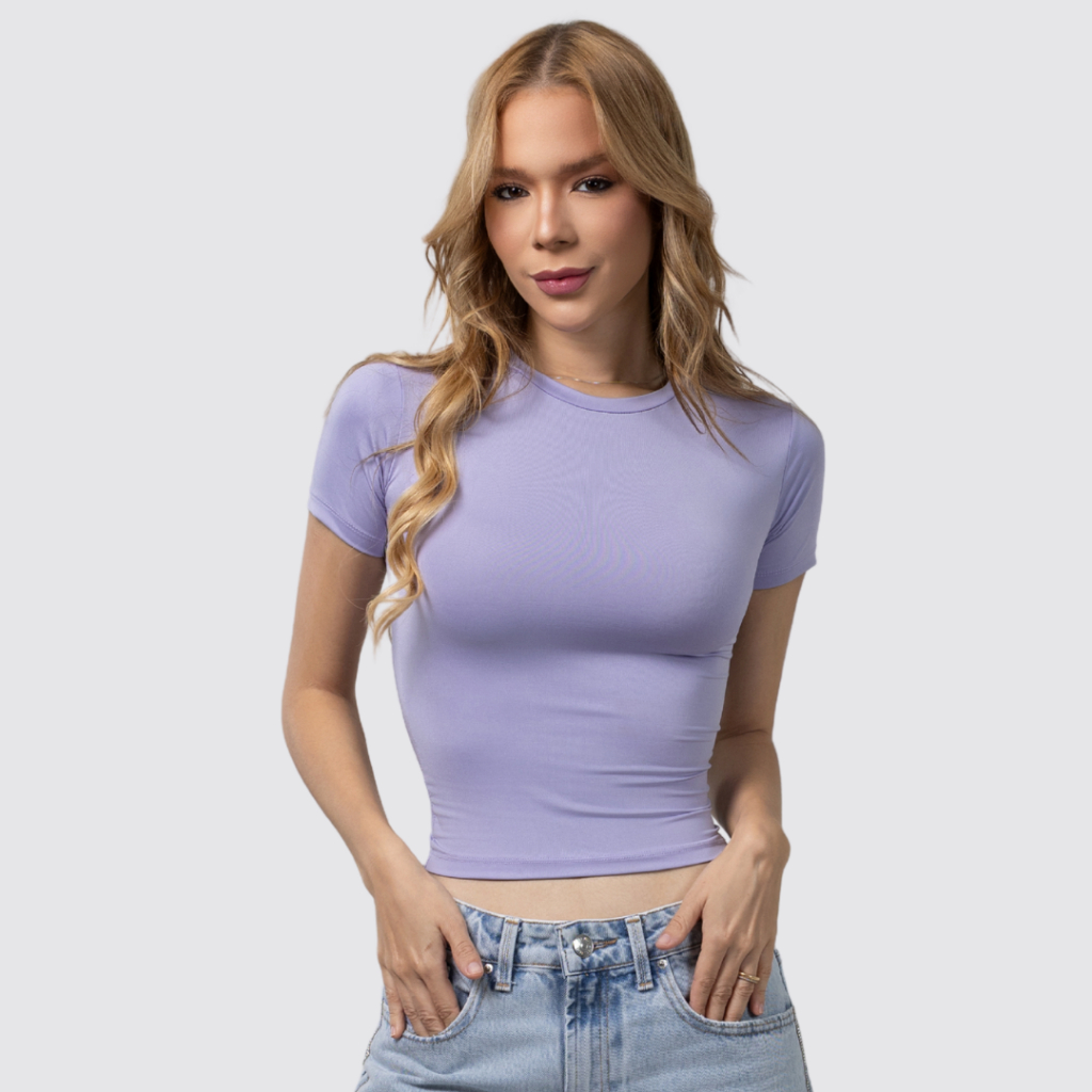 Baby Tee Feminina - Blusa Slim Fit Manga Curta Blusa de Compressão Várias Cores Ajuste Perfeito - Candy Color Pastel