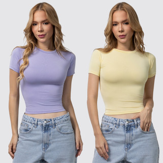 Kit 2 Baby Tee Feminina - Blusa Slim Fit Manga Curta Blusa de Compressão Várias Cores Ajuste Perfeito Candy Color