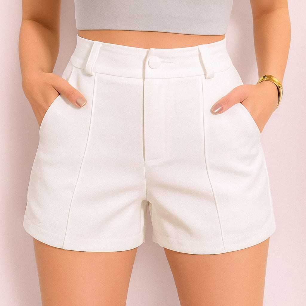 short com botão feminino cintura alta tendencia 2026 premium em Oferta na Shopee