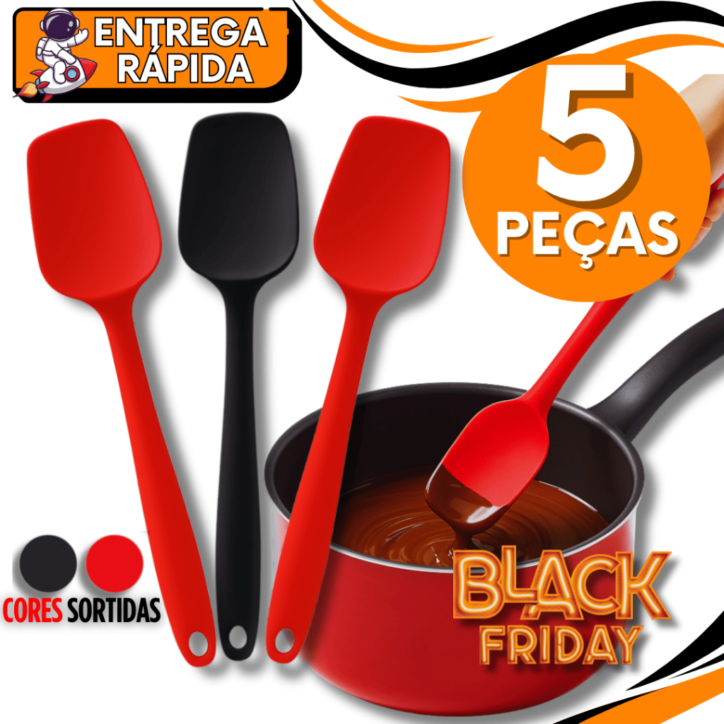 Kit Conjunto 05 Unidades -  Espátulas Reta de Silicone Antiaderente Utilidade Domestica Multifuncional Premium